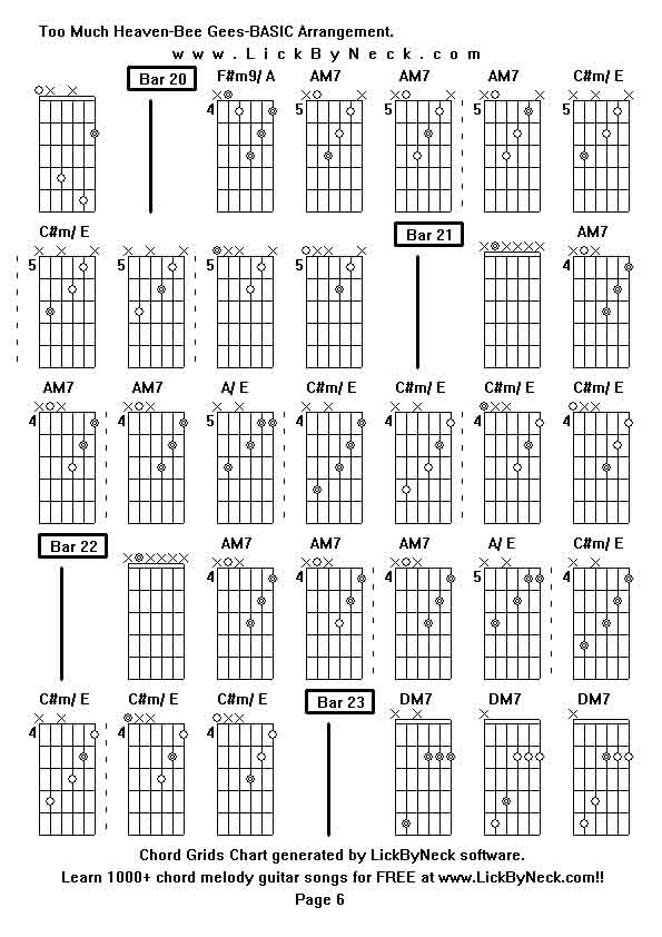 Chord Grids Chart of chord melody fingerstyle guitar song-Too Much Heaven-Bee Gees-BASIC Arrangement,generated by LickByNeck software.